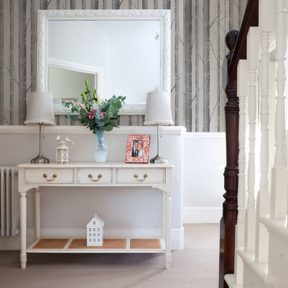 Birch Tree Peel and Stick Vinyl Wallpaper, Warm Gray, 24"x108"