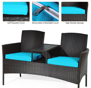 Costway Patio Rattan Loveseat Sofa Cushioned Coffee Table Turquoise
