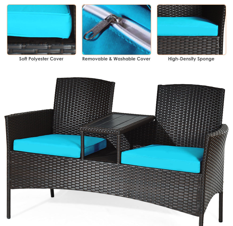 Costway Patio Rattan Loveseat Sofa Cushioned Coffee Table Turquoise