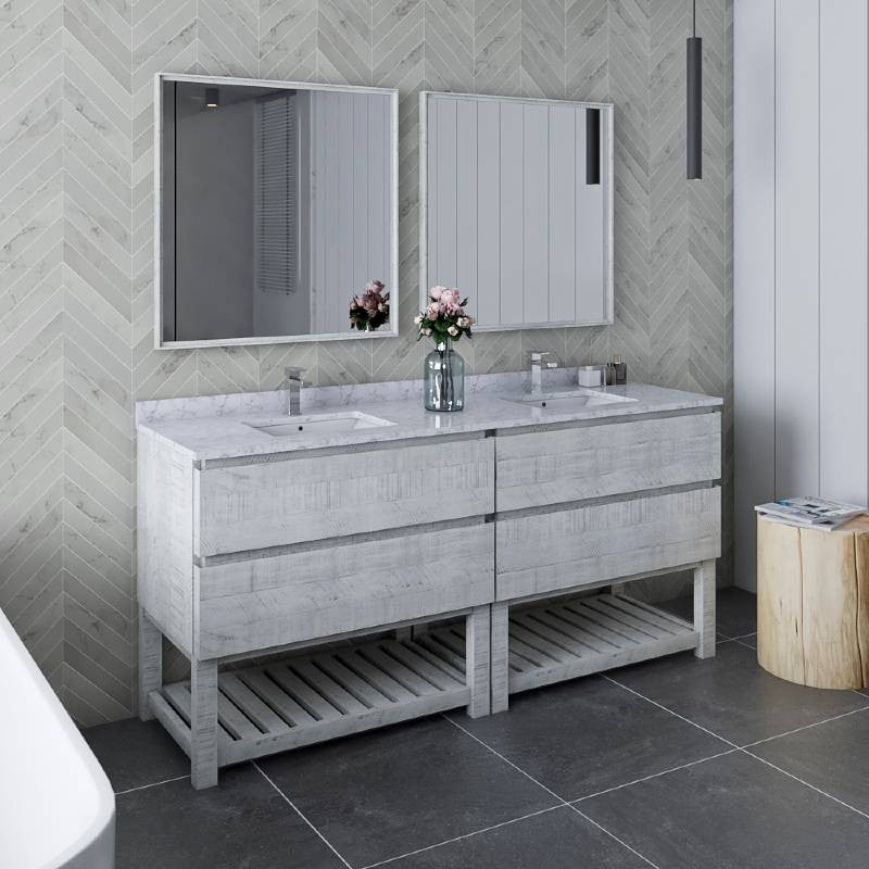 Formosa 72" Rustic White Double Sink Vanity, Open Bottom Shelf, Faucet Fft3111bn