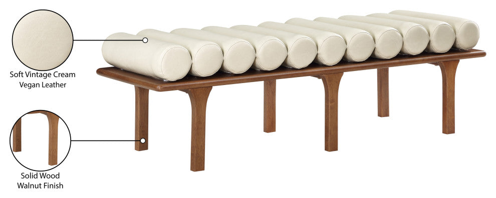 Landon Faux Leather Bench, Cream, Walnut Finish
