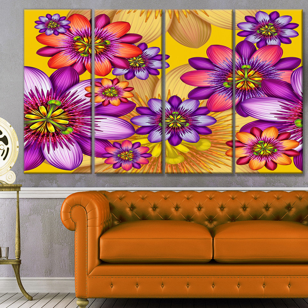 Passion Flowers Pattern, Floral Canvas Art Print, 48"x28", 4 Panels