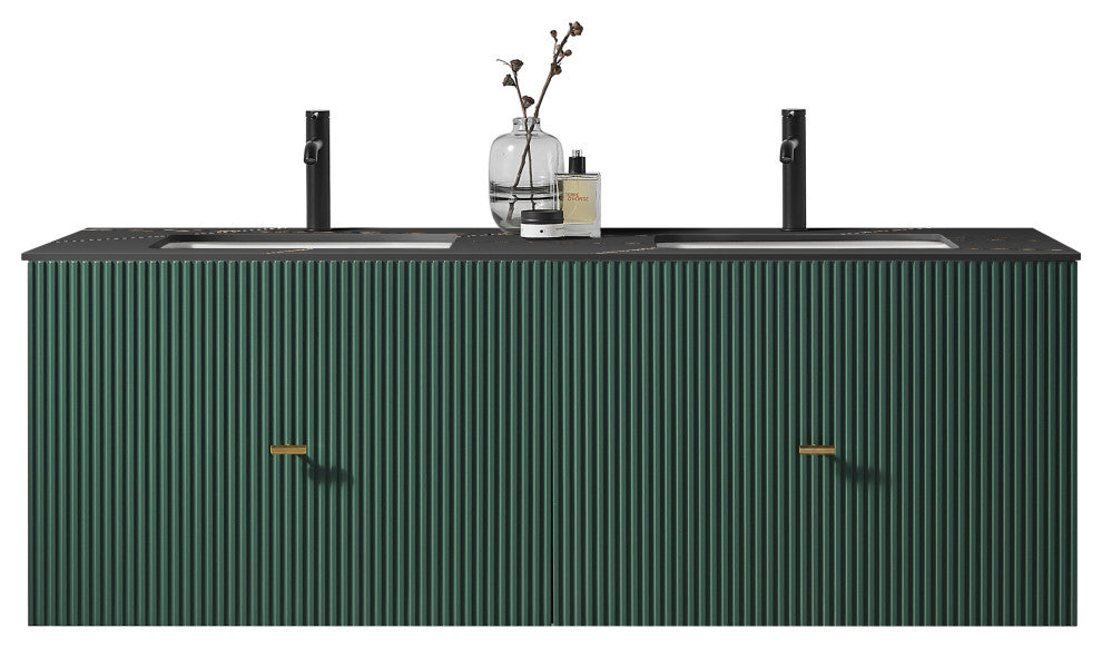 BARCELONA Wall Mount Modern Bathroom Vanity, Forest Green, 60", Black Countertop