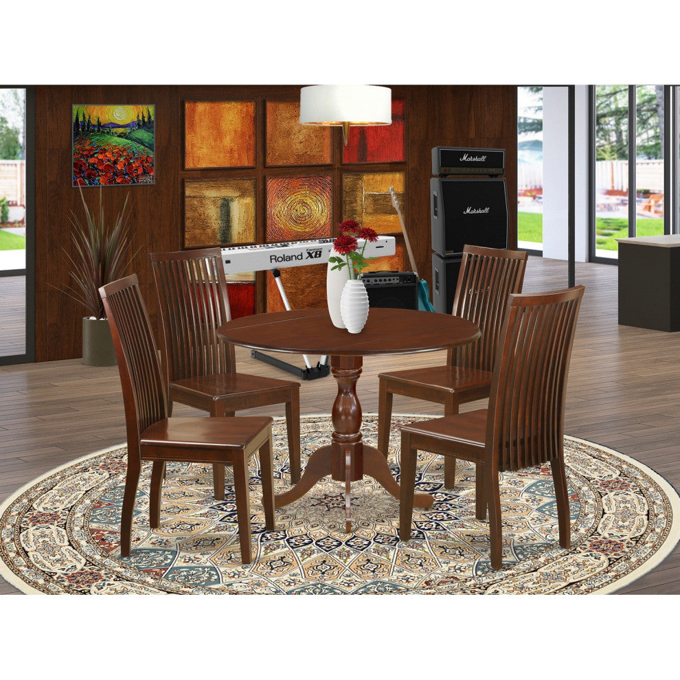 5 Pc Dining Set, Mahogany Dropleaf Table, 4 Mahogany Chairs, Slatted Back