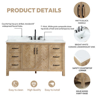 Javier Bath Vanity, Composite Stone Top, Antique Brown, 60", Single Vanity, No Mirror