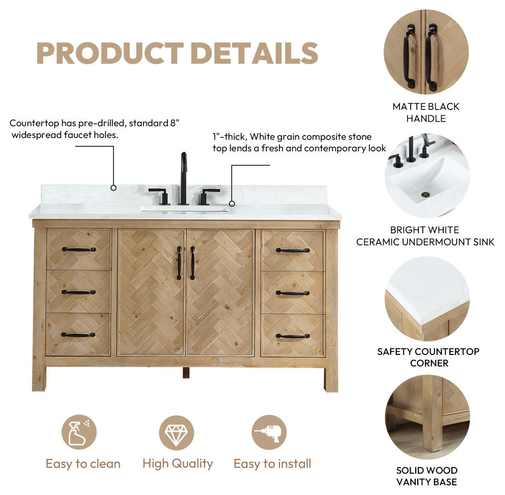 Javier Bath Vanity, Composite Stone Top, Antique Brown, 60", Single Vanity, No Mirror