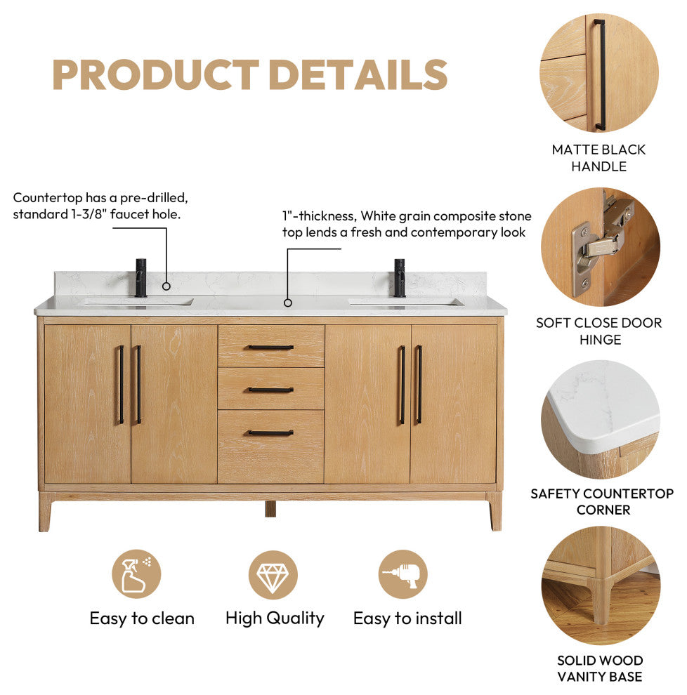 Gara Bath Vanity, Stone Top, Washed Ash Grey, 72", Double Vanity, No Mirror