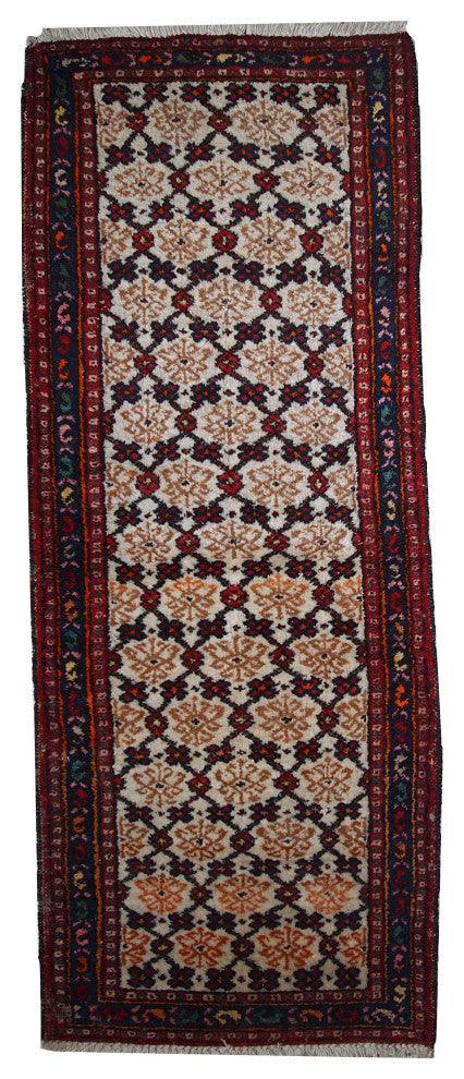 Handmade vintage Persian Hamadan runner 2.6' x 6.8' ( 80cm x 207cm ) 1960s