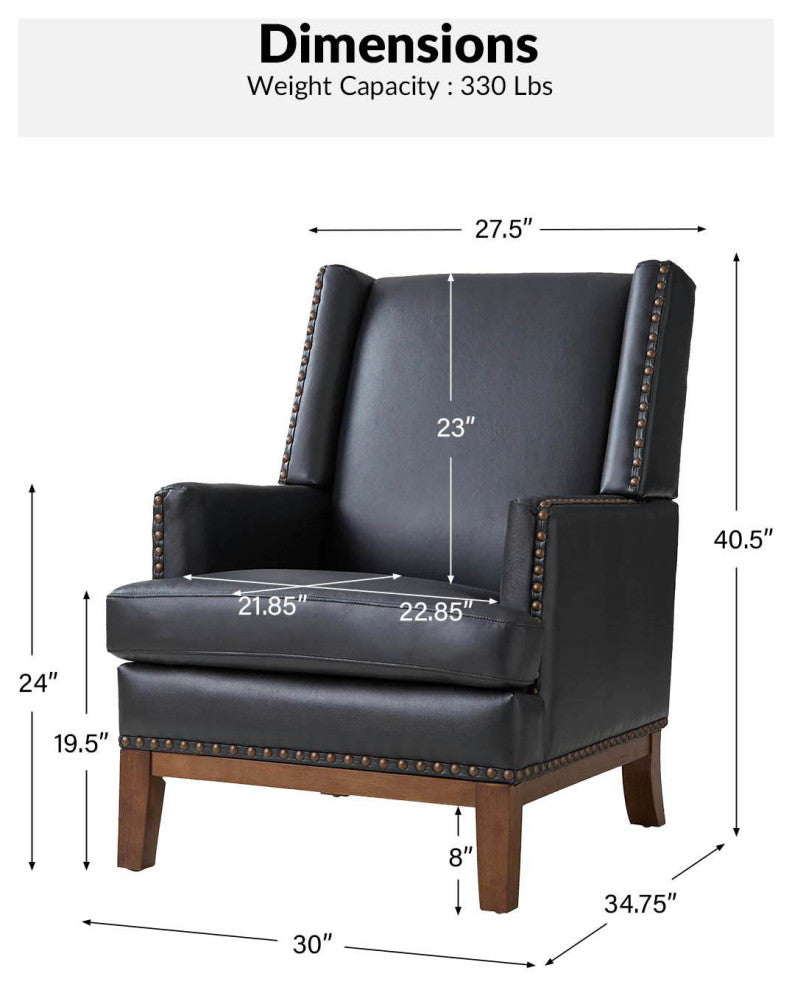30"W Mid-Century Style Genuine Leather Armchair With Solid Wood Frame, Black