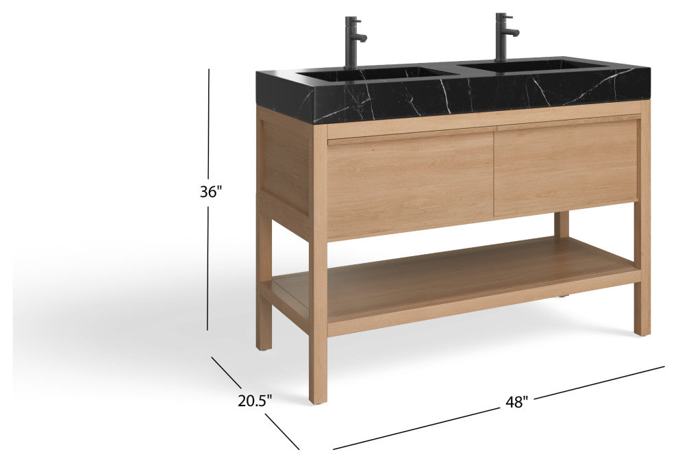 Shoji Bath Vanity, Whitewash Oak, 48", Double Sink, Freestanding