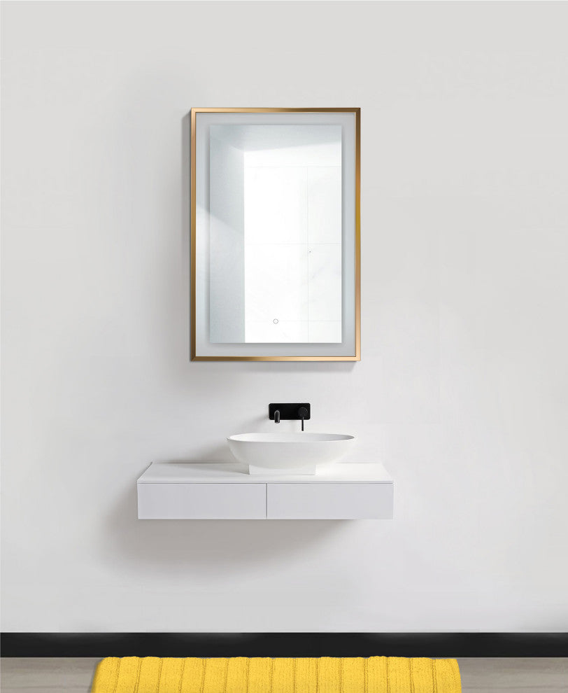 LED Lighted Bathroom Frame Mirror With Defogger, Gold, 24"x36"
