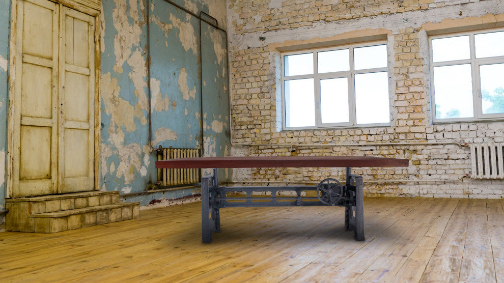 Industrial Dining Table - Cast Iron Base - Adjustable Height - Rustic Mahogany