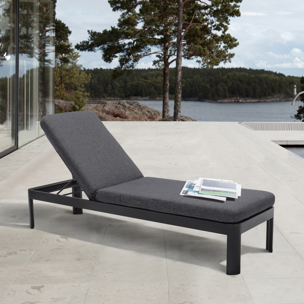 Portals Outdoor Chaise Lounge Chair in Black Finish and Grey Cushions