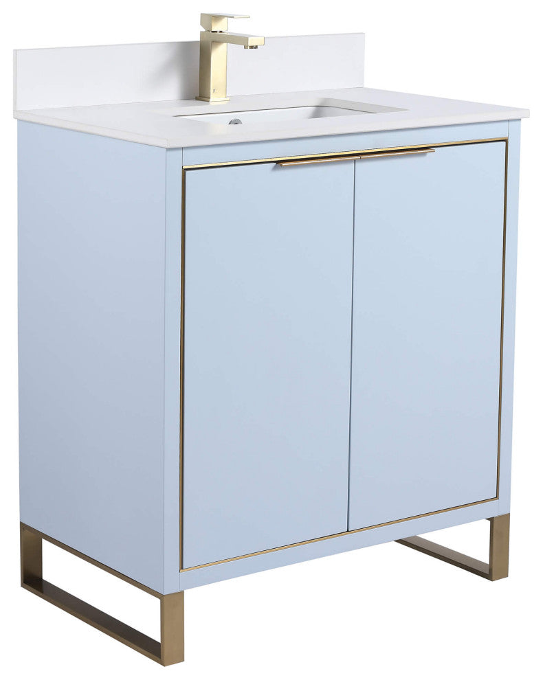 Opulence Bath Vanity, Pastel Blue, 30", Satin Brass Hardware, White Top