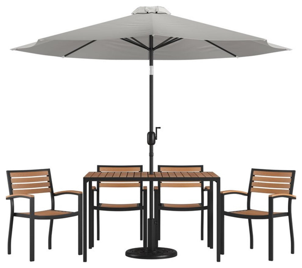 Lark 7 Pc Patio Dining Set-4 Stackable Chairs, 30"x48" Table & Umbrella w/Base,