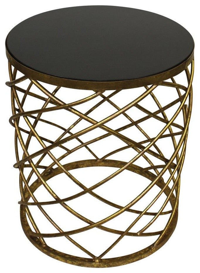 Round Gold Iron Drum Cage Accent Table, Black Granite Top Marble