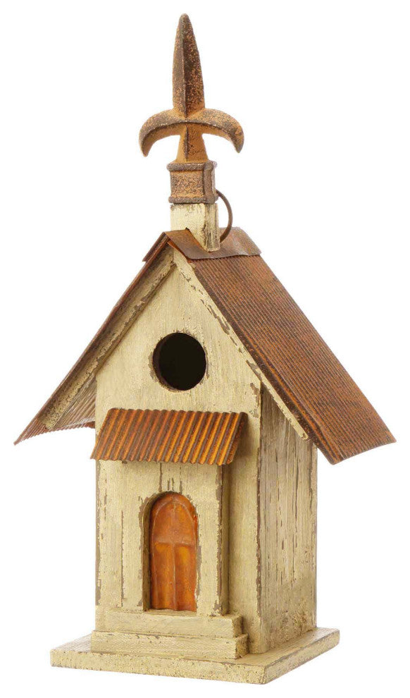 Rustic Garden Wooden Birdhouse, Metal Spear