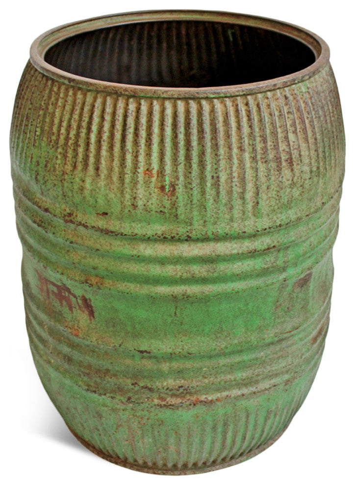 Consigned Vintage Green Iron Grain Barrel