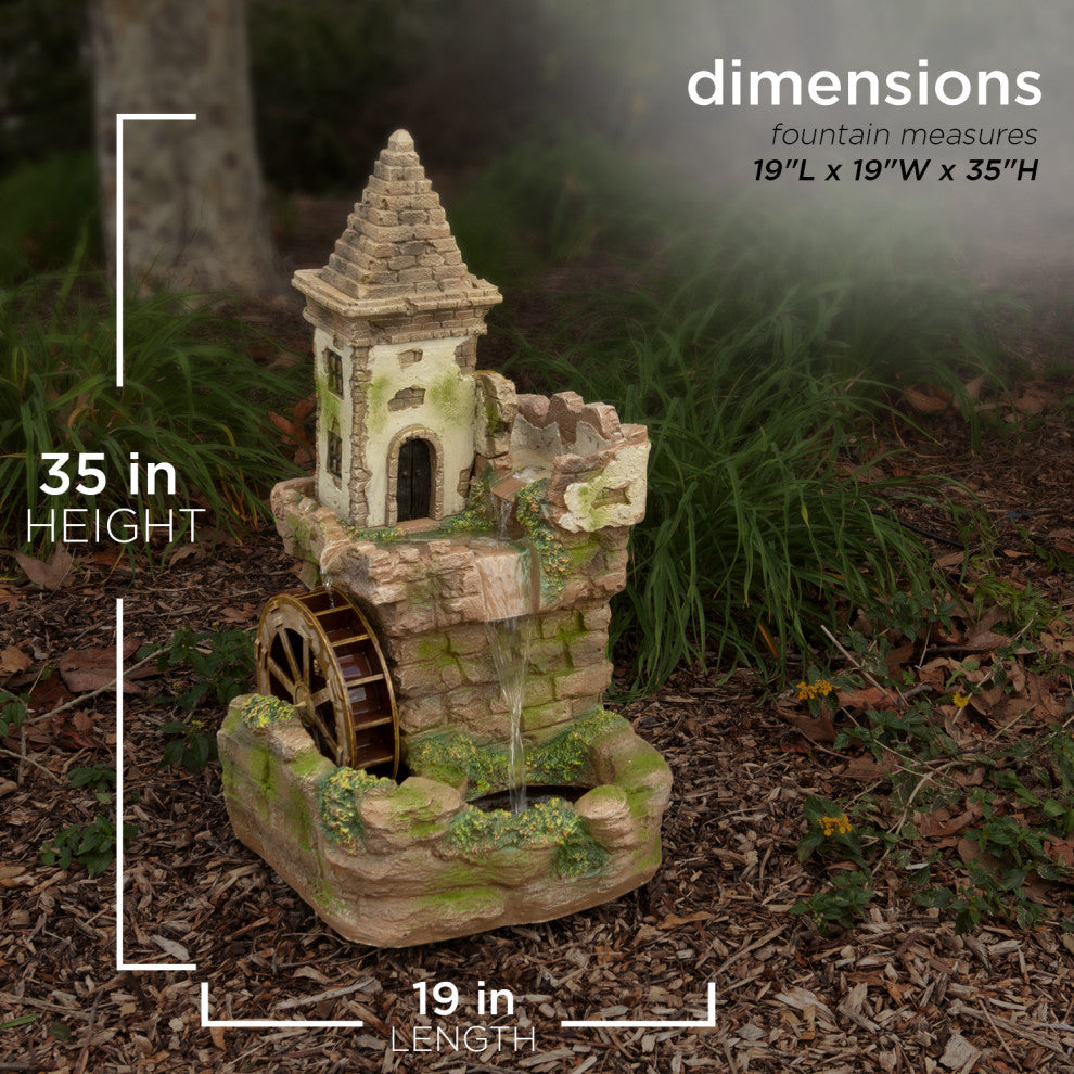 35" Tall Outdoor Fairy Castle Waterwheel Tiered Fountain Yard Art Decoration