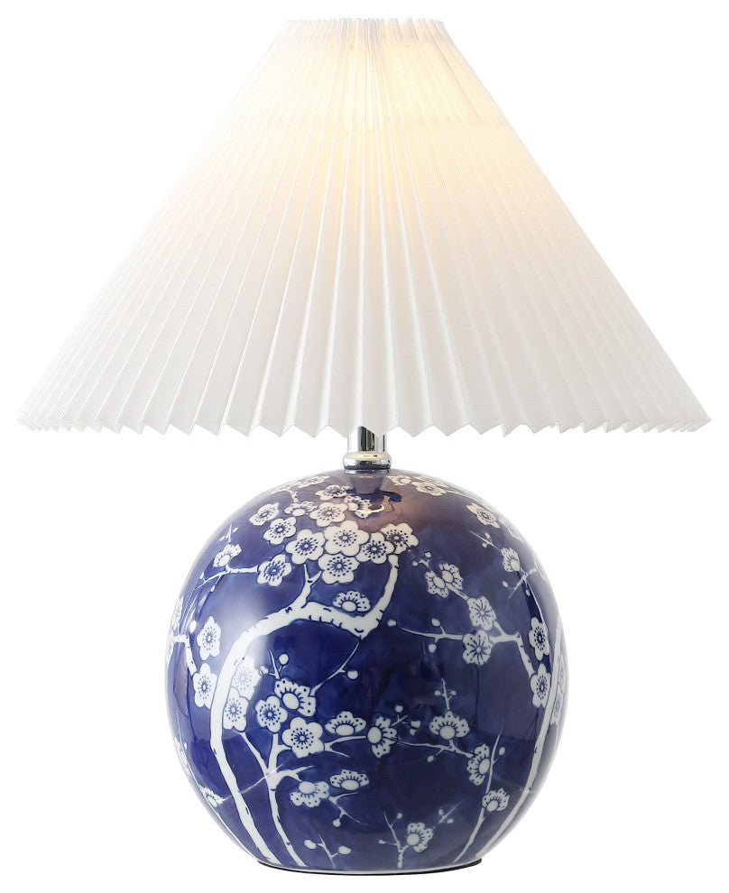 Shishen Cottage Classic Chinoiserie Ceramic Orb LED Table Lamp, Pleated Shade
