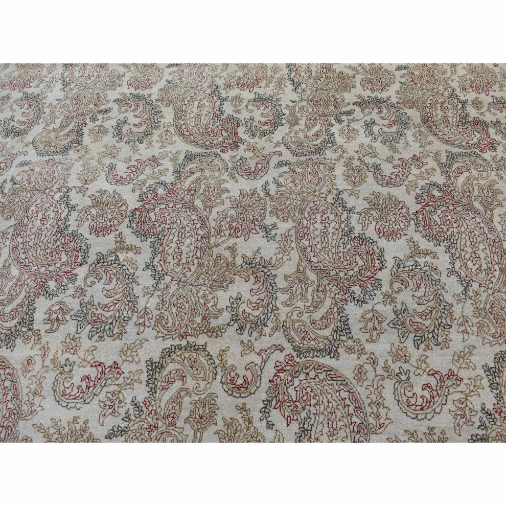 Agreeable Gray Agra with Paisley Design 100% Wool Hand Knotted Rug 9'1" x 12'3"