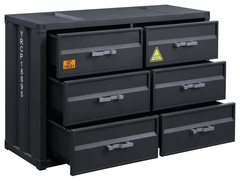 Industrial Double Dresser, Cargo Design With 6 Storage Drawers, Gunmetal Finish