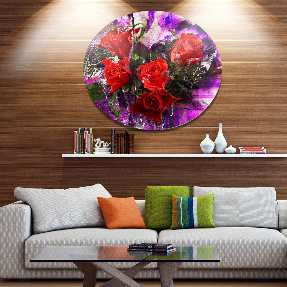 Five Red Roses Abstract Background, Floral Disc Metal Wall Art, 38"