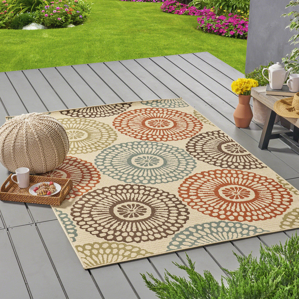GDF Studio Dahlia Outdoor Floral  Area Rug, Beige and Multicolored, 5'x8'