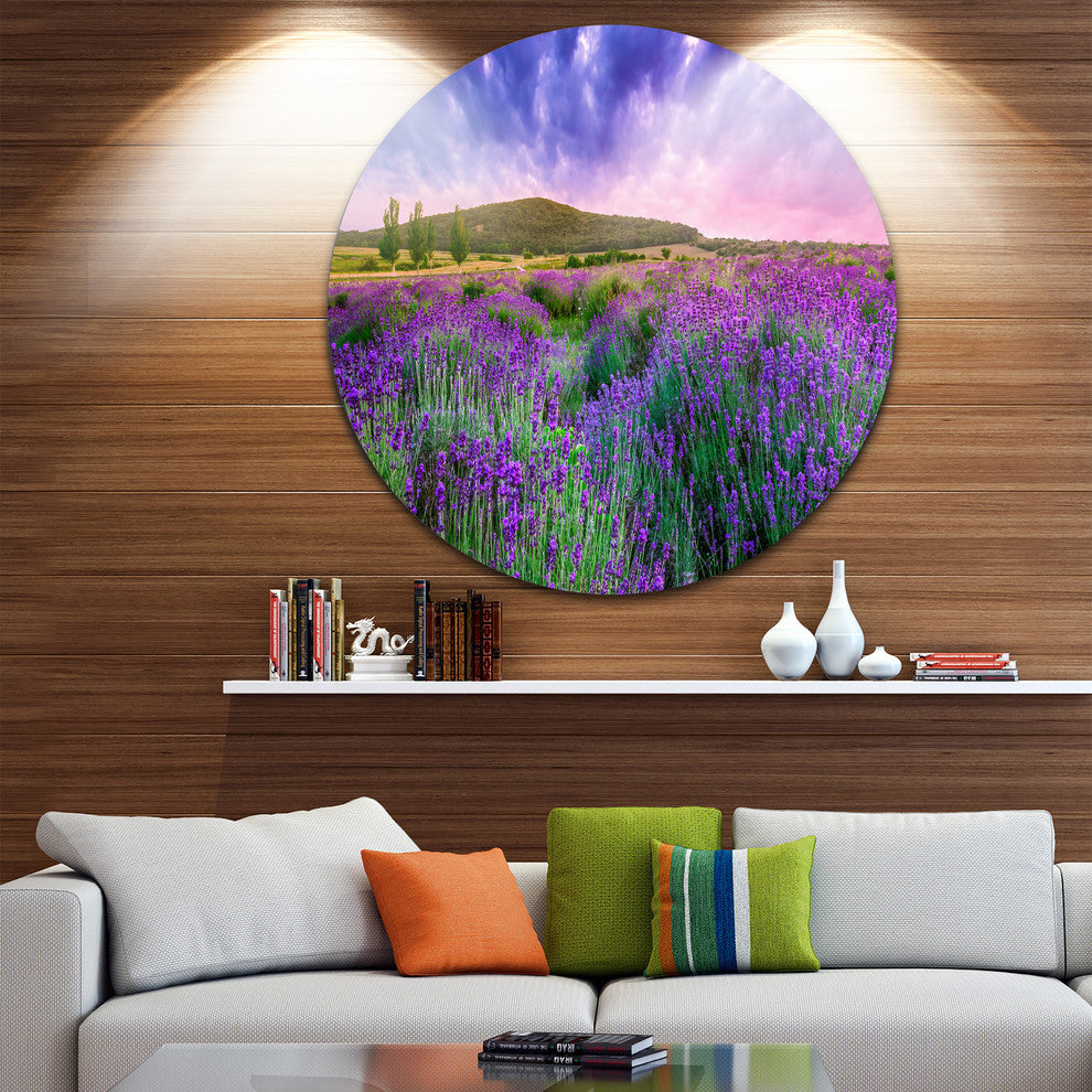 Summer Lavender Field In Tihany, Modern Landscape Round Wall Art, 36"