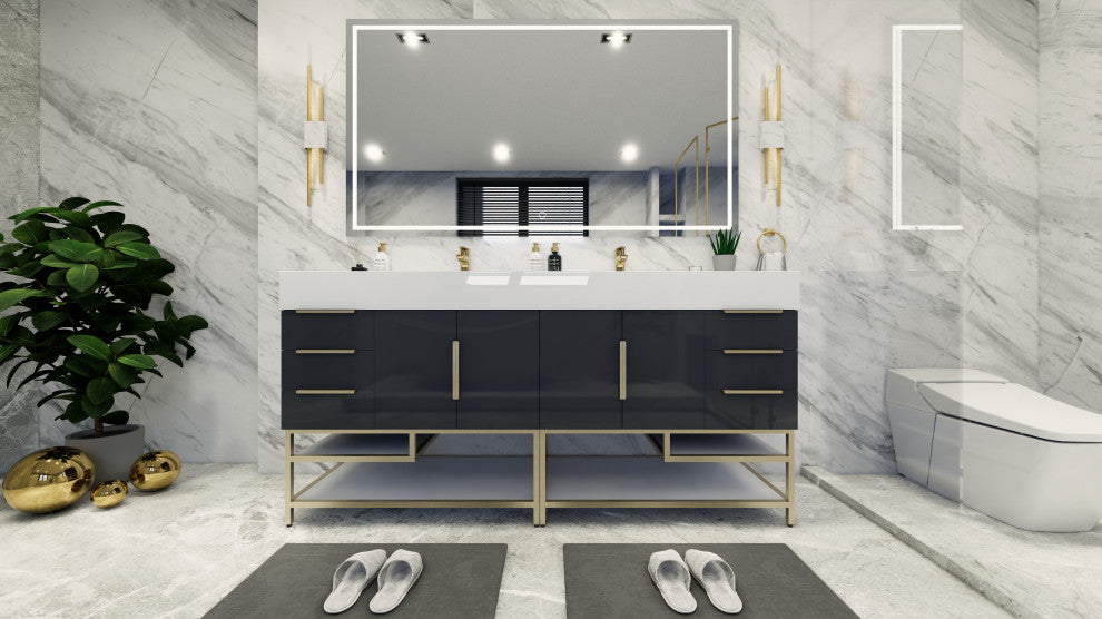 Madison 84" Free Standing Double Sink Vanity with Reinforced Acrylic Sink, High Gloss Dark Gray