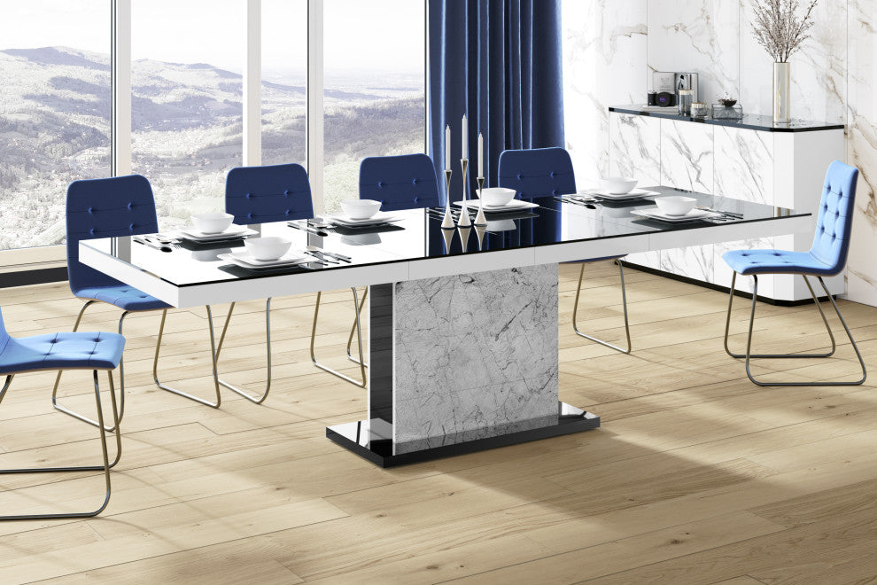 MOKA Dining Table with Extension, Black/White Venatino