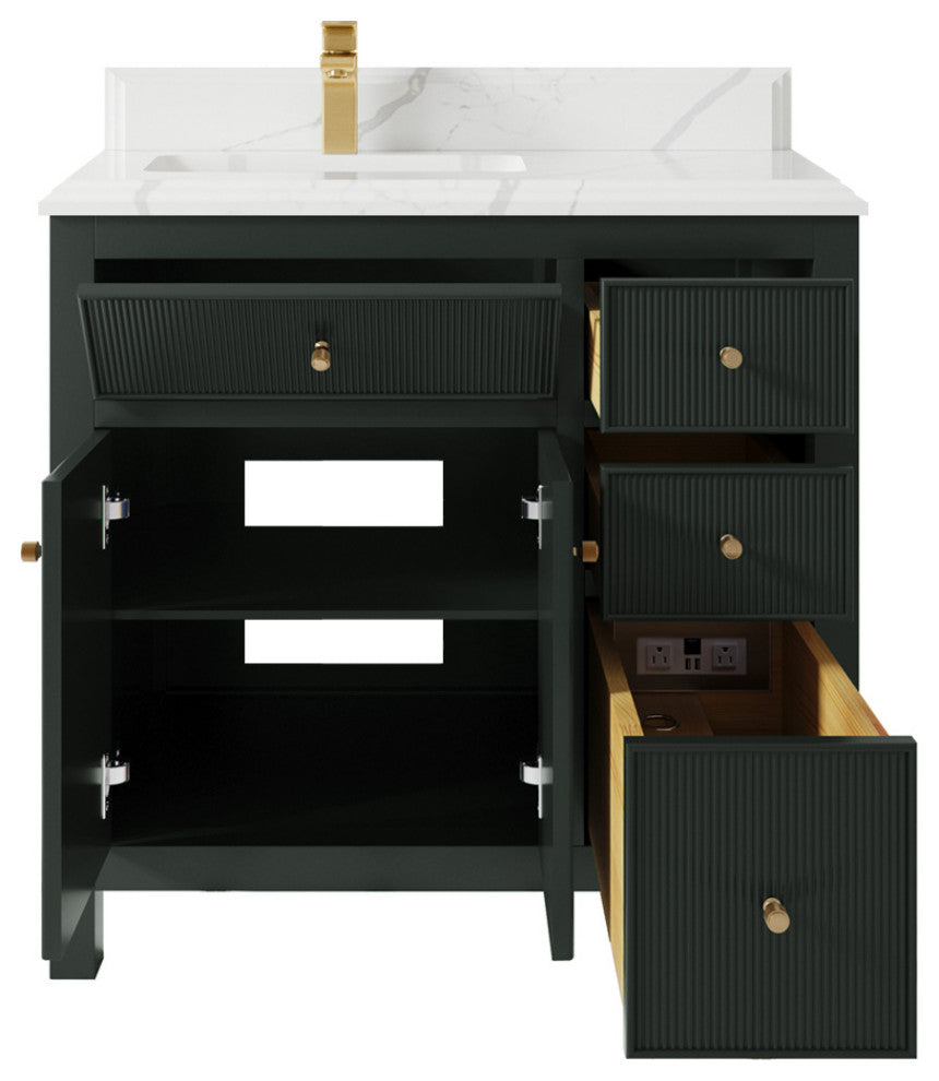 Sonoma 36 Left Offset Bath Vanity Dark Forest Green 1.5"  Calacatta Laza