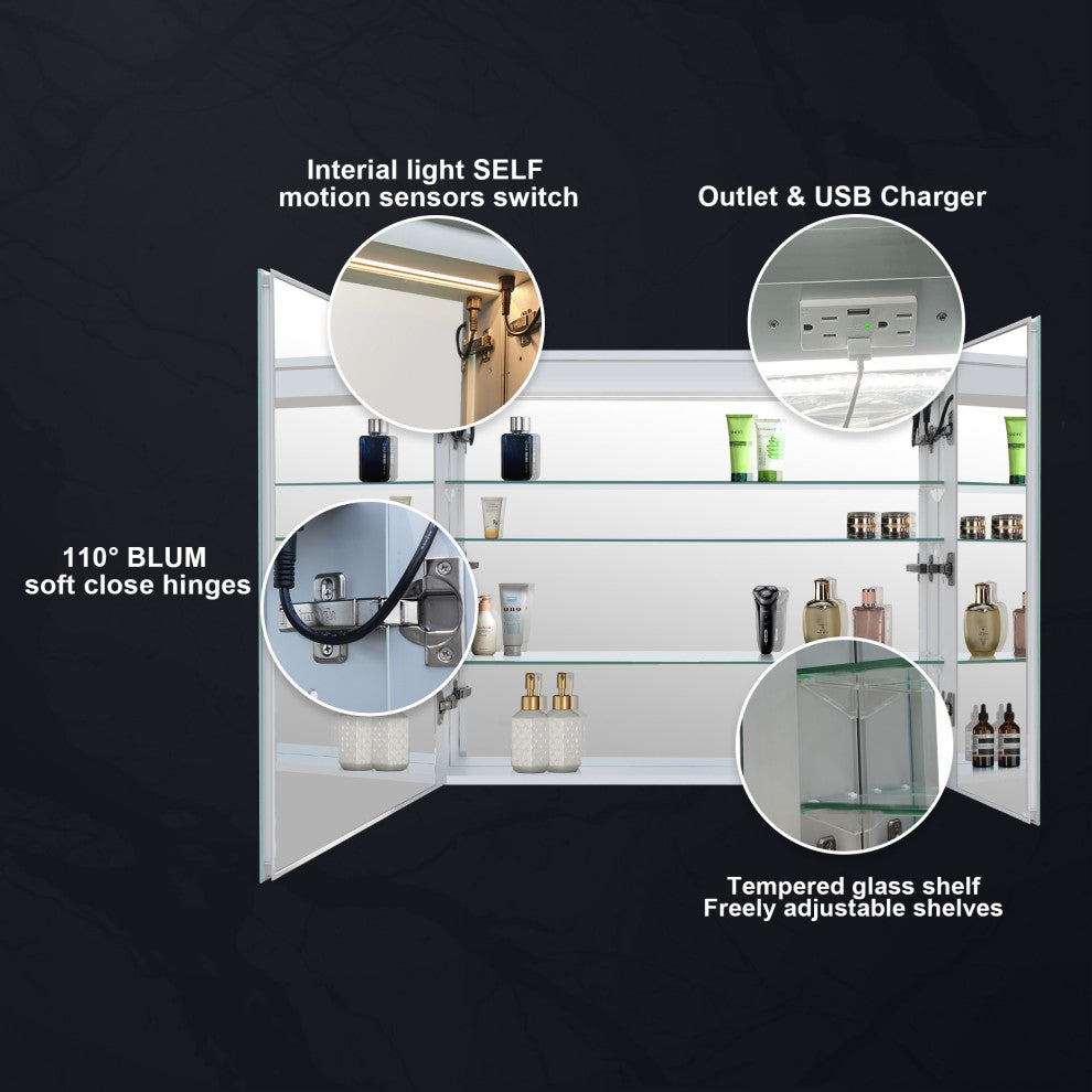 Recessed/Surface Mount LED Medicine Cabinet Mirror with Defogger, 36"x30" Double Doors