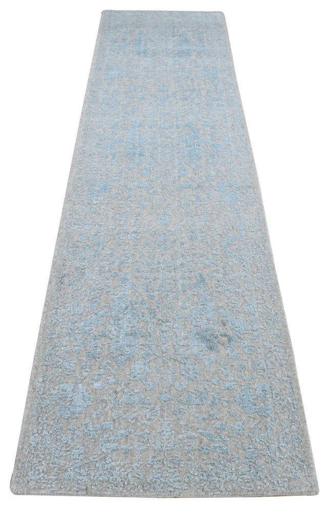 Powder Blue Persian Tree Design Jacquard Hand Loomed Runner Rug, 2'6"x12'1"