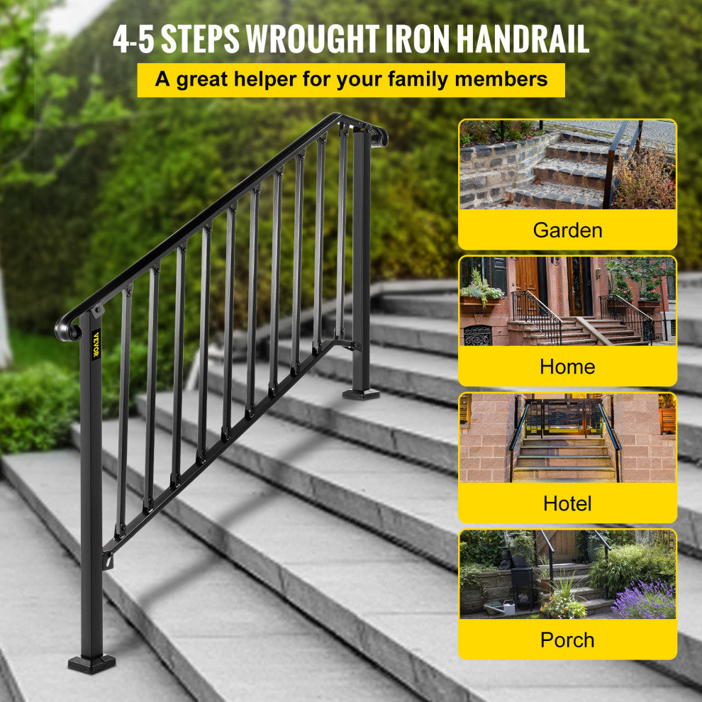 Wrought Iron Handrail Outdoor Stair Rail with Installation Kit, Black, Fit 4-5 Steps