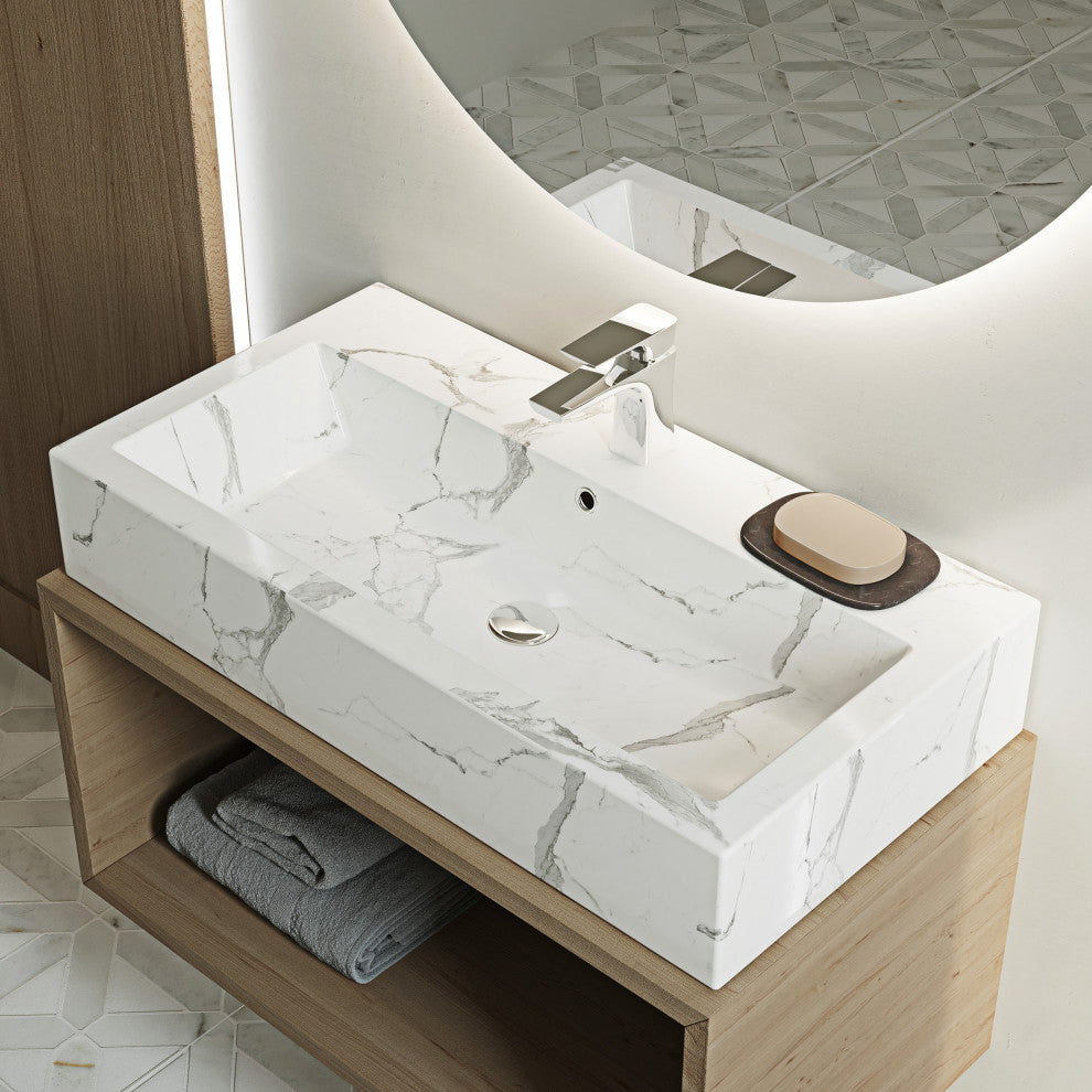 Voltaire Wide Rectangle Wall Hung Sink, White Marble