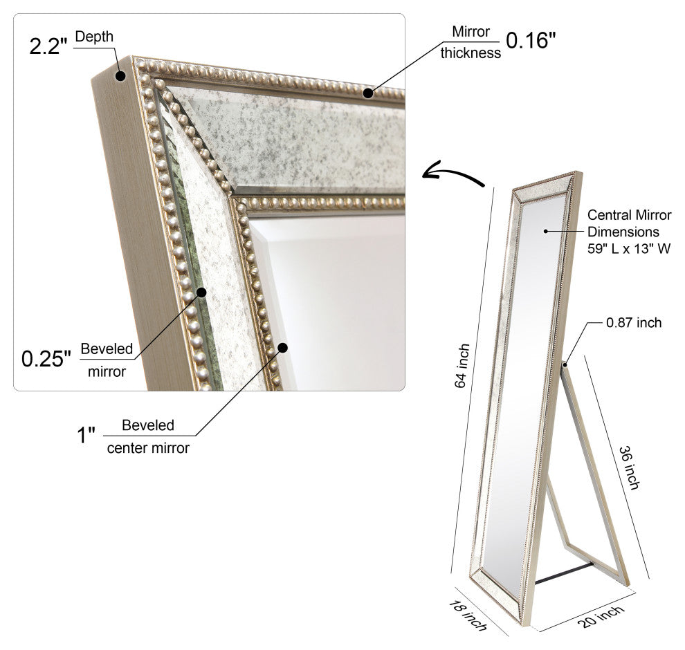 Champagne Bead Beveled Rectangle Cheval, Floor Mirror,1"-Beveled Center 18"x64"