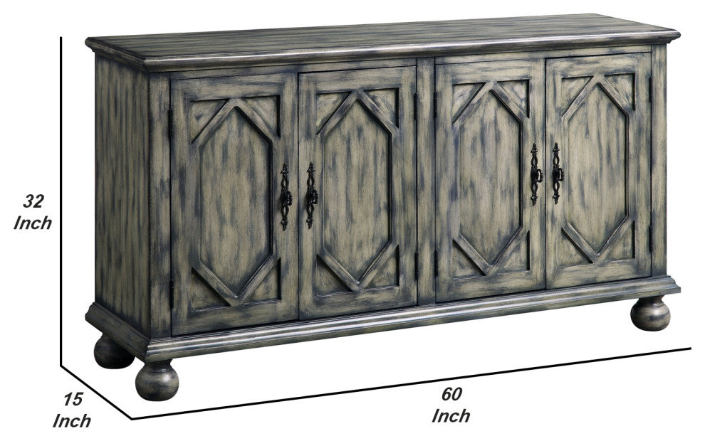 Benzara BM251337 Console Table With 4 Doors and Bun Feet, Rustic Gray
