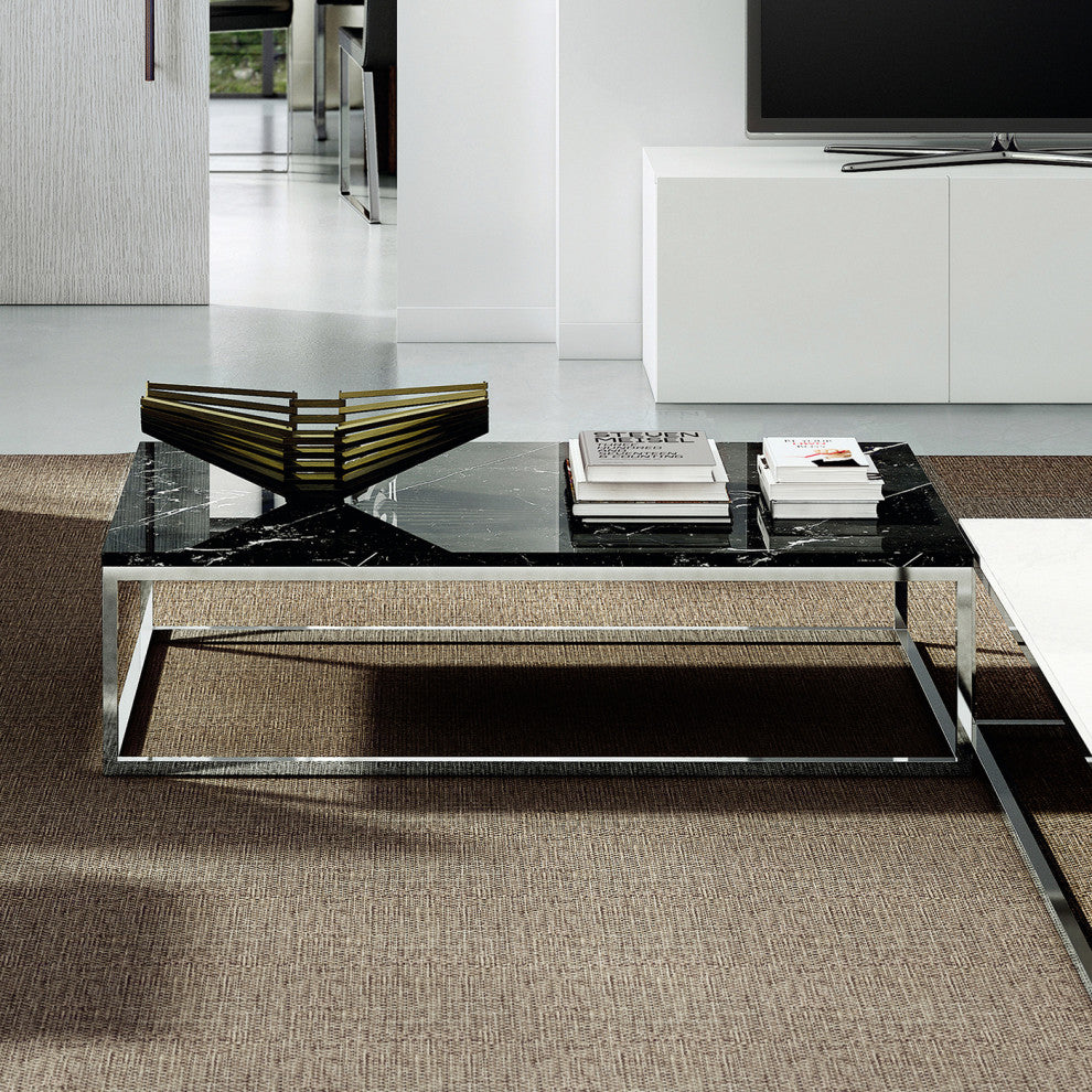 Modern Square Marble Top Coffee Table, White Marble/White Legs