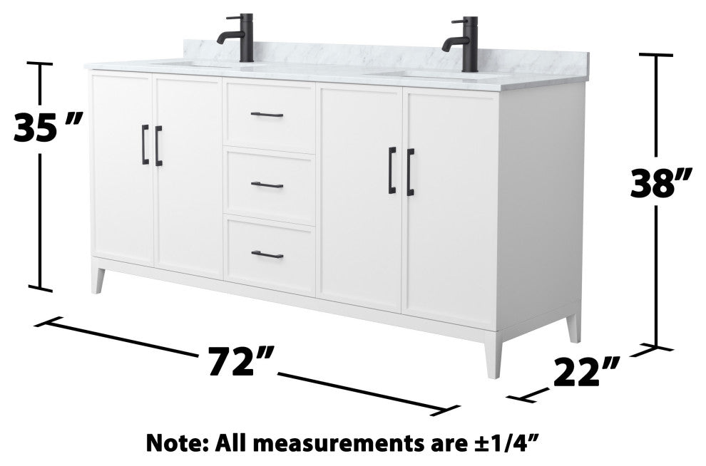 Elan 72" Double Vanity, White, White Carrara Marble Top, Black Trim