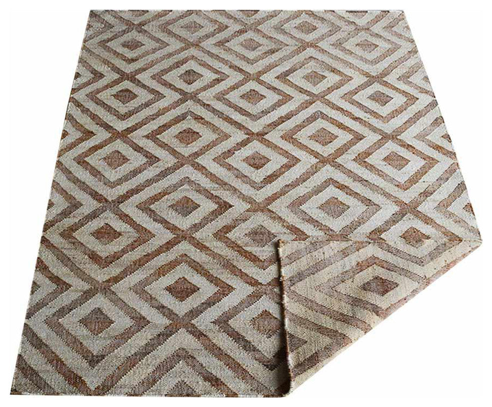 HAND WOVEN KILIM JUTE ECO-FRIENDLY AREA RUGS, White Beige,Geometric,Outdoor, [Rectangle] 8'x10'
