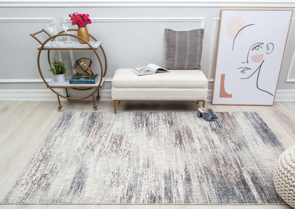 Jade Misty Silver Abstract Contemporary Tan Recycled Area Rug, 2'6" X 4'