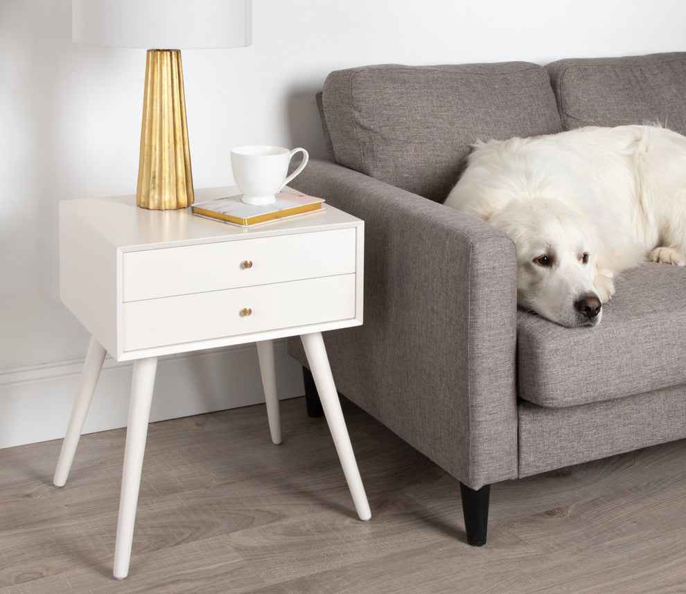 Finco Two Drawer Wood Nighstand Side Table, White