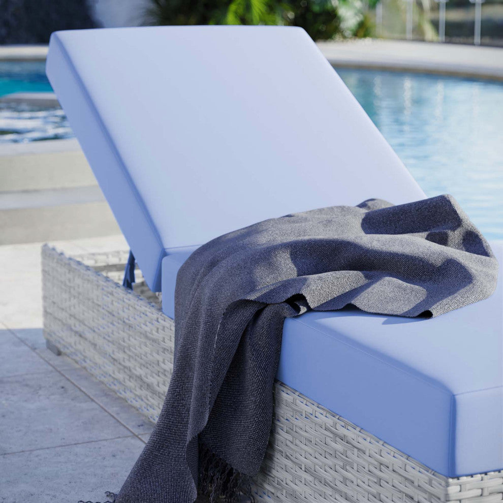 Lounge Chair Chaise, Rattan, Wicker, Gray Blue, Modern, Outdoor Patio Cafe