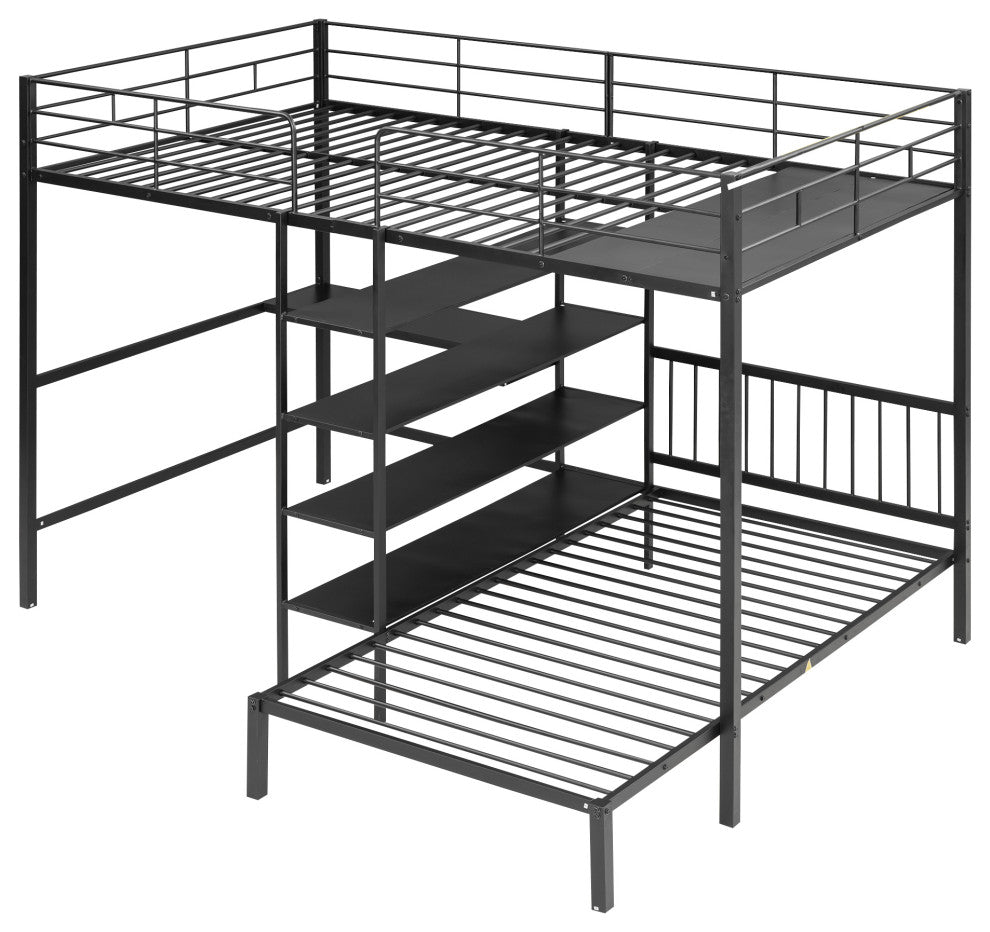Gewnee Full Over Twin Metal Bunk Bed with Desk and Shelves in Black
