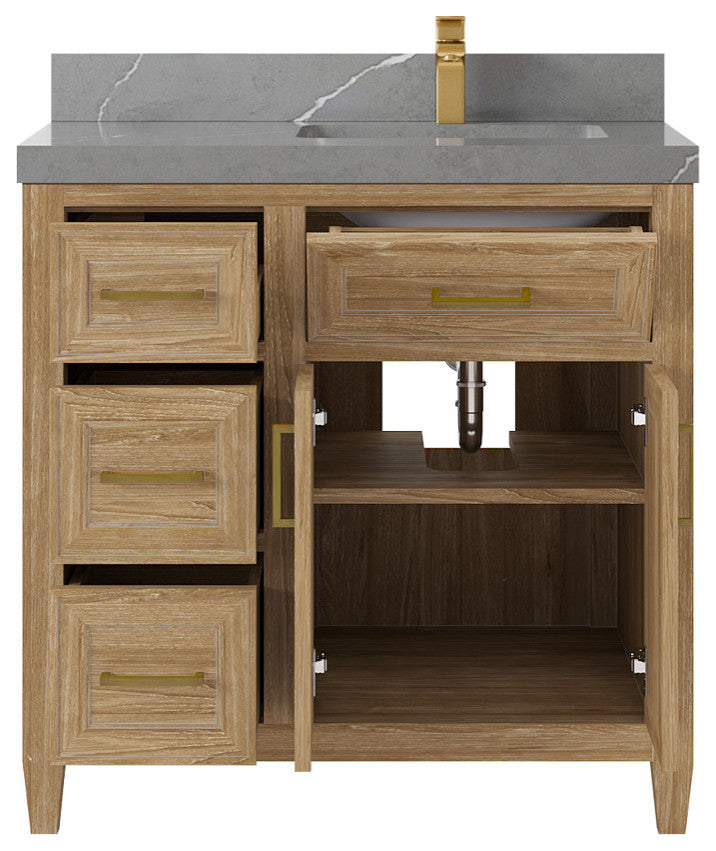 Santa Monica 36 Right Offset  Bath Vanity in Whitewashed Teak 2" Piatra Gray