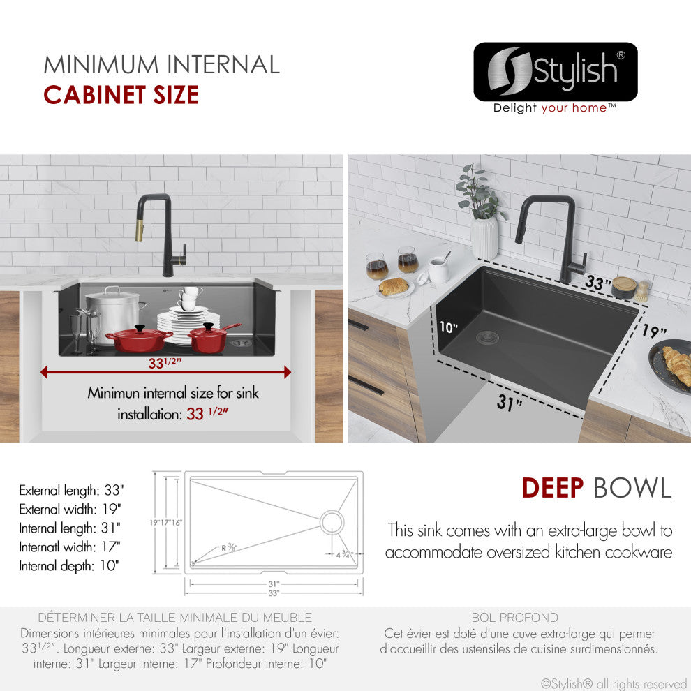 STYLISH 33 Undermount 33" Workstation 16G Single-Bowl Graphite Kitchen Sink