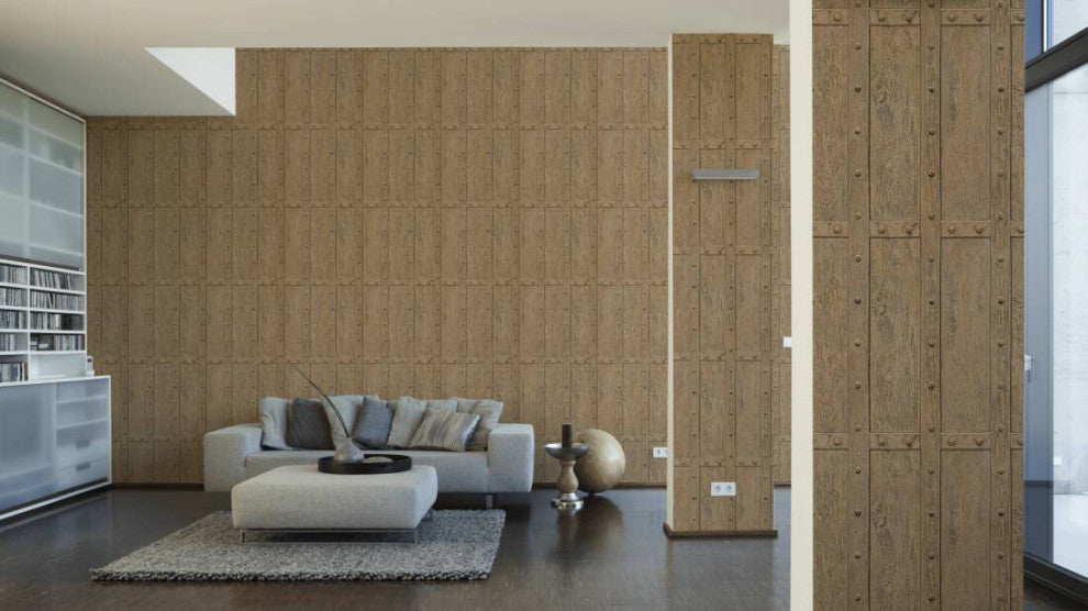 Nature Textured Wallpaper Featuring Wooden Joints Pattern, Brown, Sample