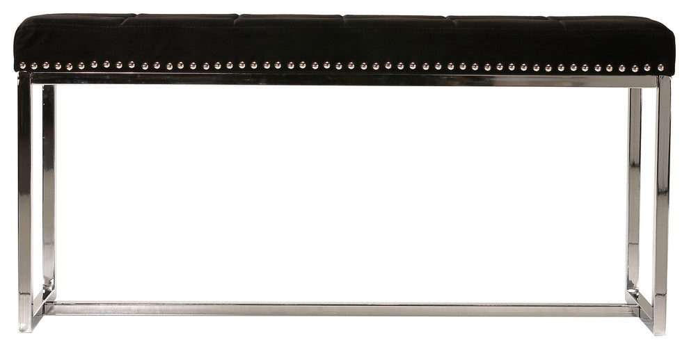 Donato Contemporary Narrow Bench, Black Velvet With Nailhead Trim