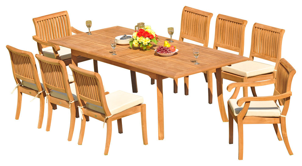 9-Piece Teak Dining Set, 94" Ext Rect, 8 Arbor Stacking Arm/Armless Chairs